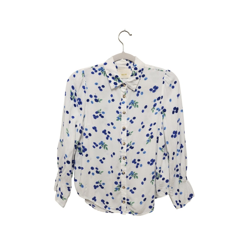 Maeve Anthropologie Blueberry Print Button Down Blouse White Blue Viscose Top